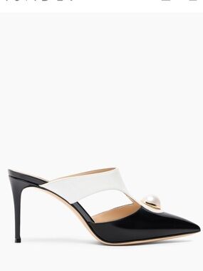 Casadei Black and White Pointed Pearl-Embellished Mules